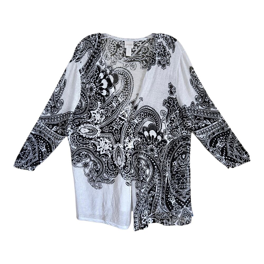 CHICO'S 2 Women L Cardigan Sweater Lightweight Black White Paisley Linen Blend